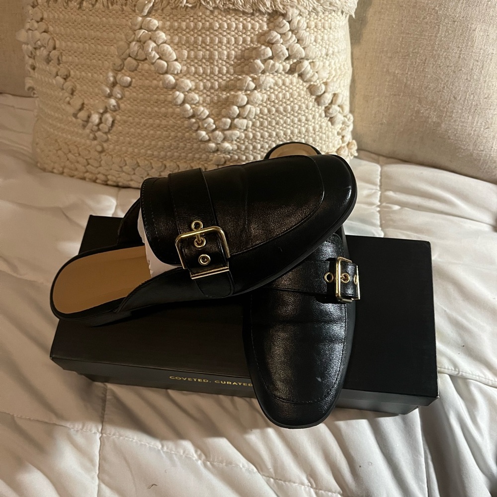 Black Buckle Mules